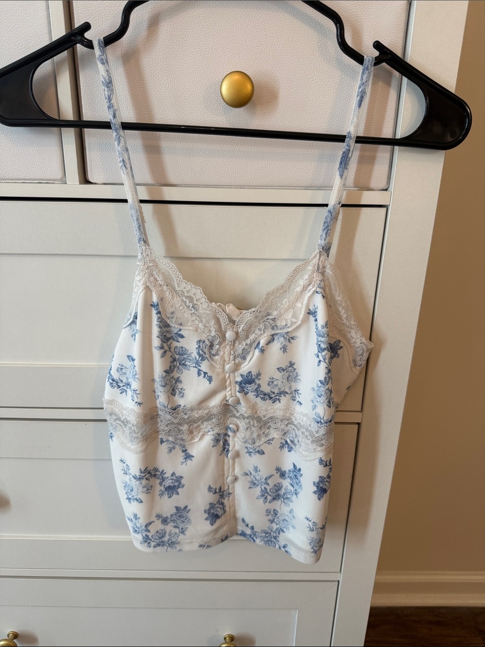 Blue Floral Lace-Trim Camisole Top - Women's